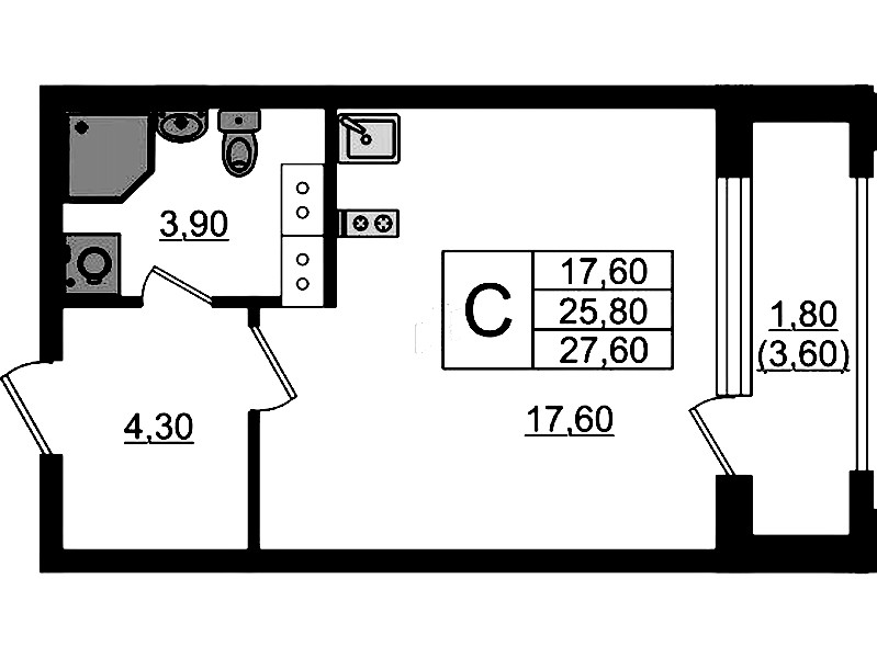 Квартира студия 27.6 м², 12/13 эт., ЖК «Тайм Сквер»